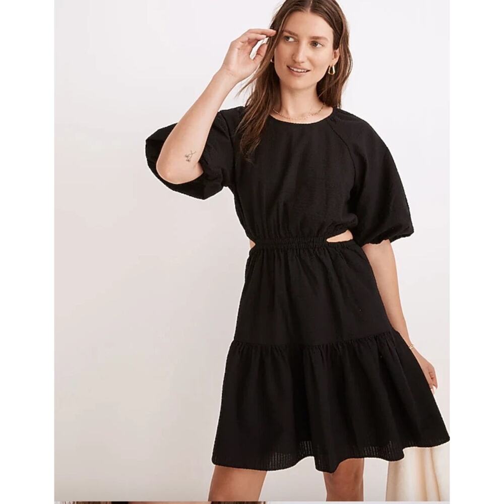 Madewell Seersucker Puff Sleeve Cutout Mini Dress Black Size Large